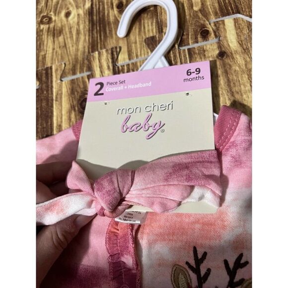 Mon Cheri Baby 2pc Set Pink Footie And Headband Reindeer Theme - Picture 4 of 7